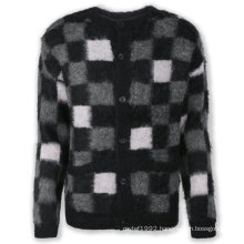 Men sweater casual brushed plaid mohair jacquard knitwear sweater roubnd neck mens knit cardigan long sleeve sweater customize